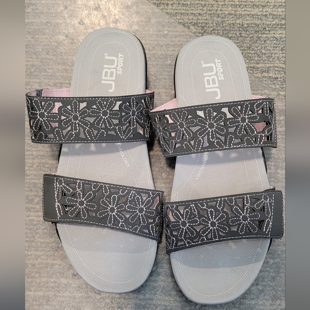 JBU Sport Gray/Pink Wildflower Slide Sz 8M Vegan Upper Memory Foam Tech Footbed